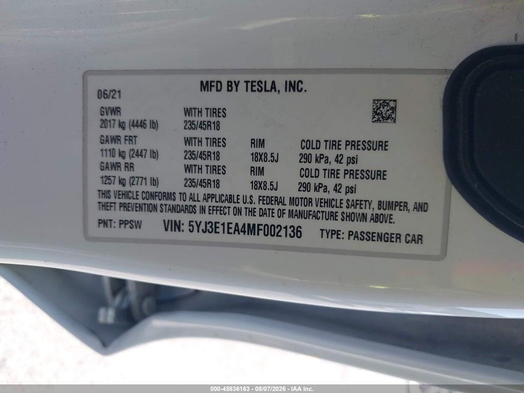5YJ3E1EA4MF002136 2021 TESLA MODEL 3 photo no. 9