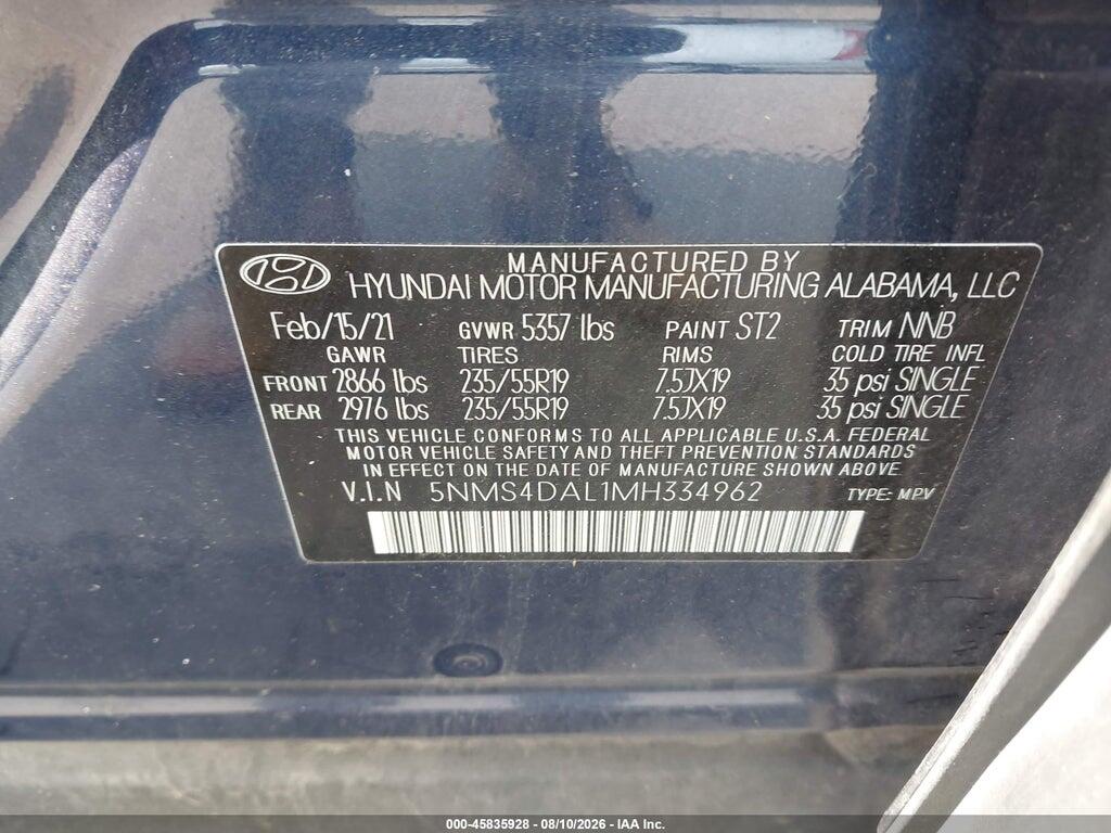 5NMS4DAL1MH334962 2021 HYUNDAI SANTA FE photo no. 9