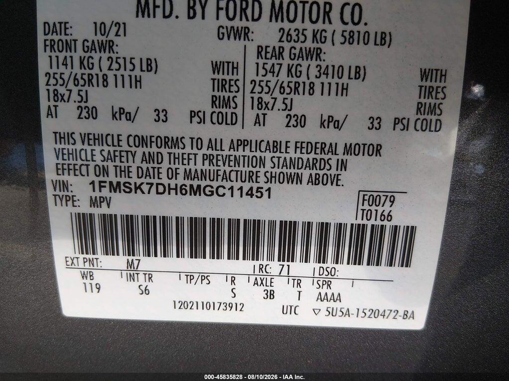 1FMSK7DH6MGC11451 2021 FORD EXPLORER photo no. 9