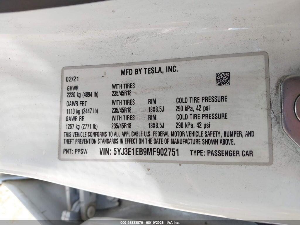 5YJ3E1EB9MF902751 2021 TESLA MODEL 3 photo no. 9