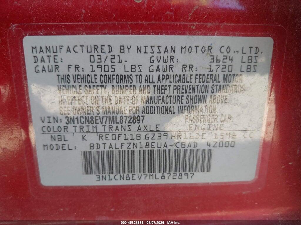 3N1CN8EV7ML872897 2021 NISSAN VERSA photo no. 9