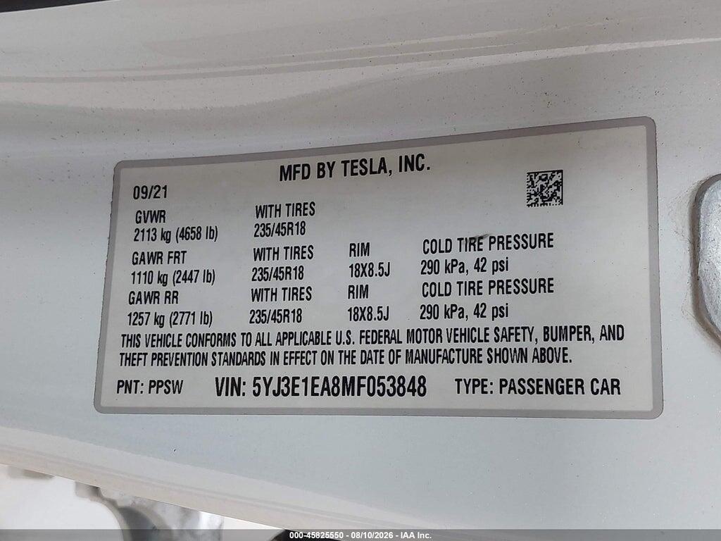 5YJ3E1EA8MF053848 2021 TESLA MODEL 3 photo no. 9