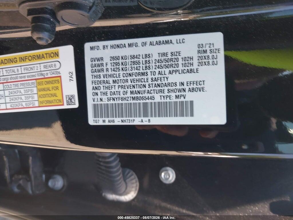 5FNYF6H27MB065445 2021 HONDA PILOT photo no. 9