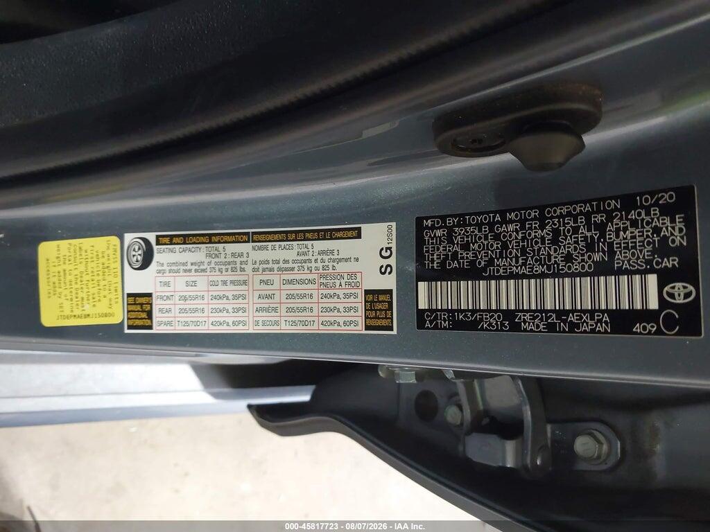 JTDEPMAE8MJ150800 2021 TOYOTA COROLLA photo no. 9