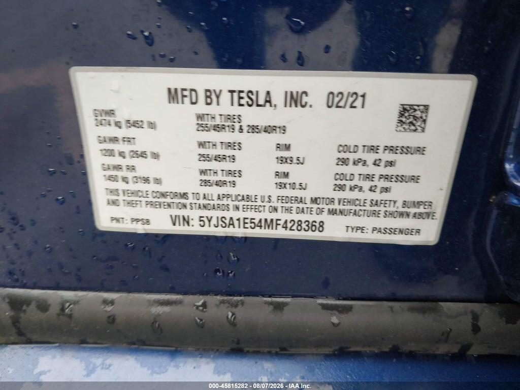 5YJSA1E54MF428368 2021 TESLA MODEL S photo no. 9