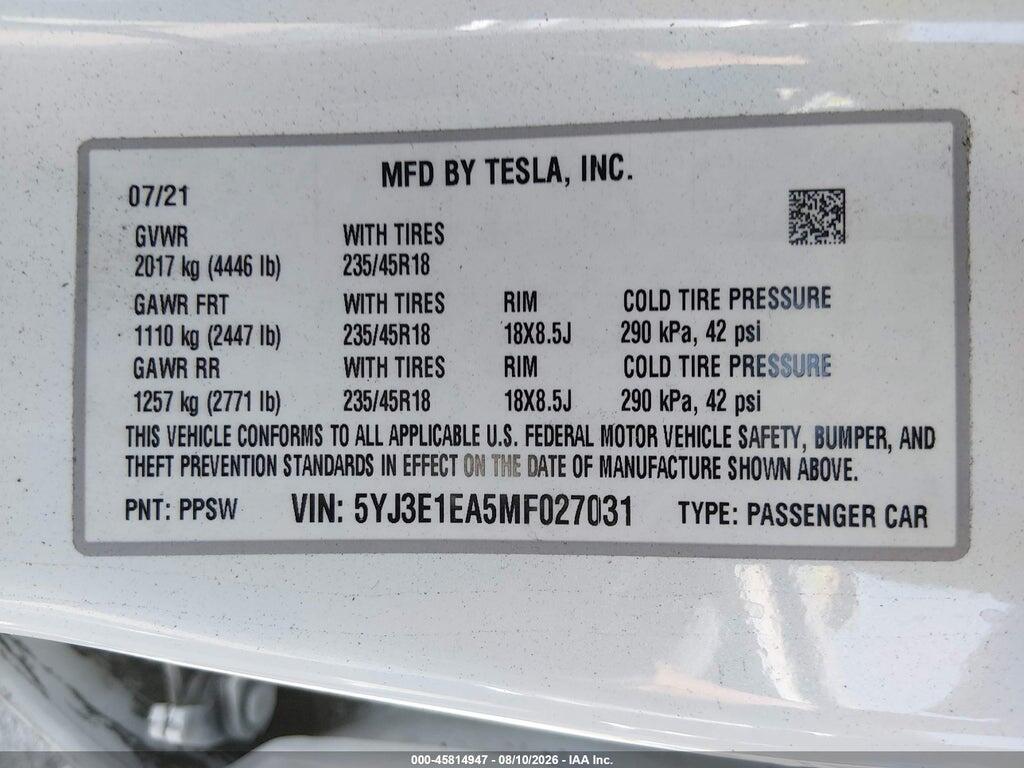 5YJ3E1EA5MF027031 2021 TESLA MODEL 3 photo no. 9
