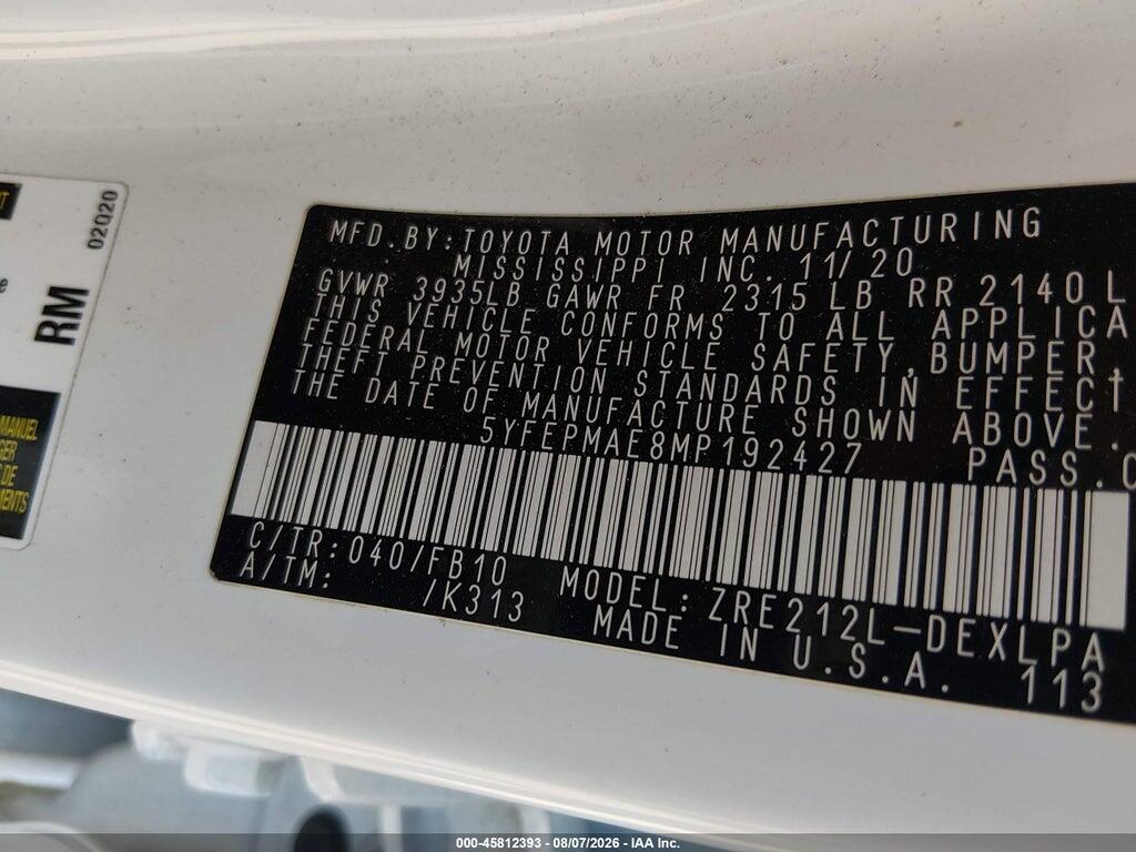 5YFEPMAE8MP192427 2021 TOYOTA COROLLA photo no. 9
