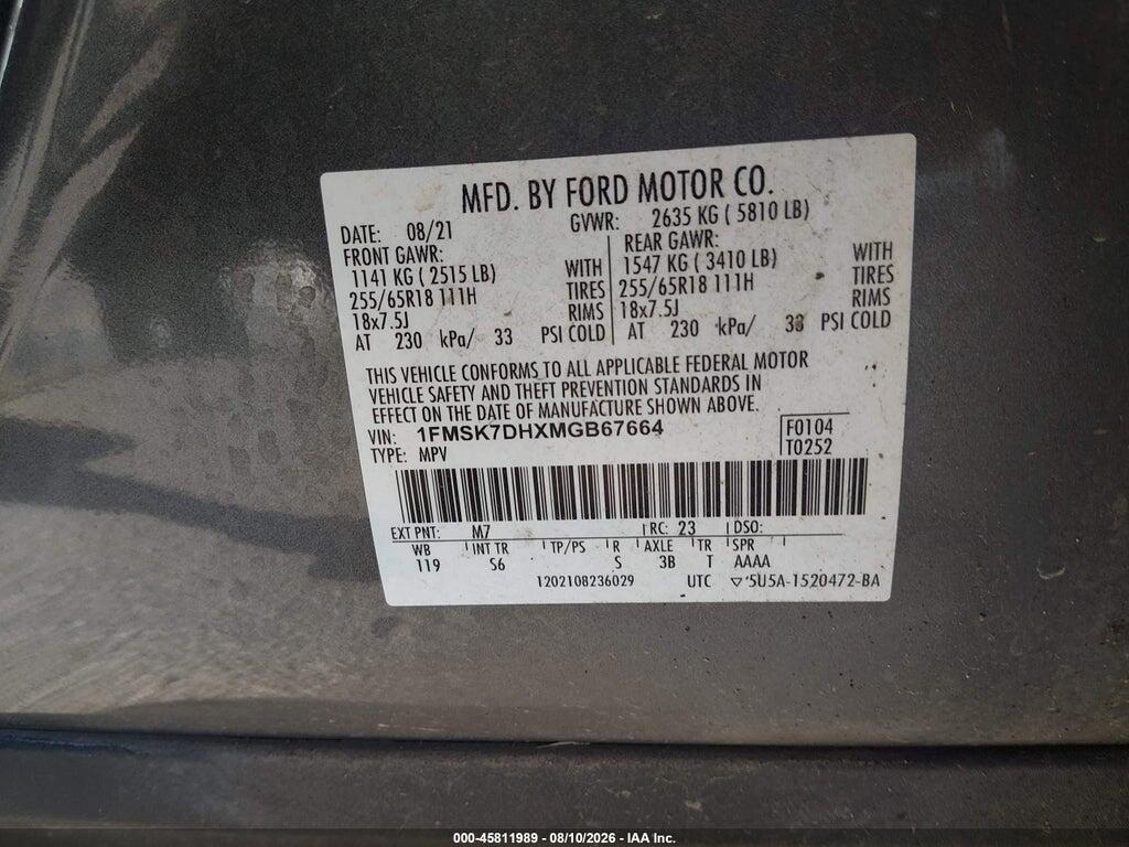 1FMSK7DHXMGB67664 2021 FORD EXPLORER photo no. 9