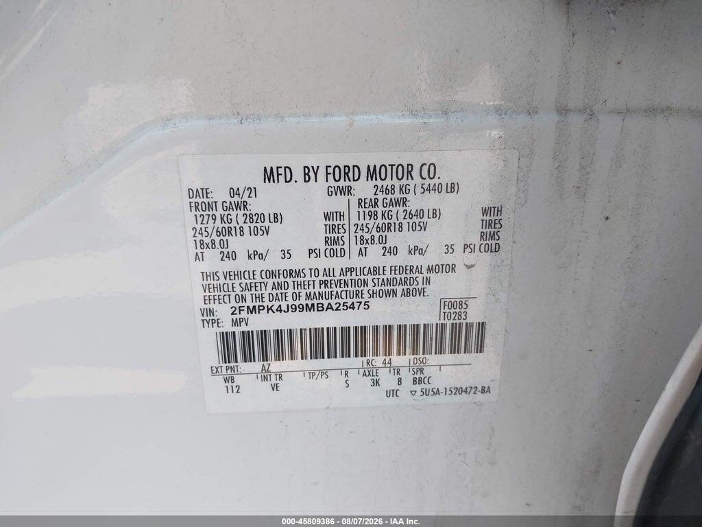 2FMPK4J99MBA25475 2021 FORD EDGE photo no. 9