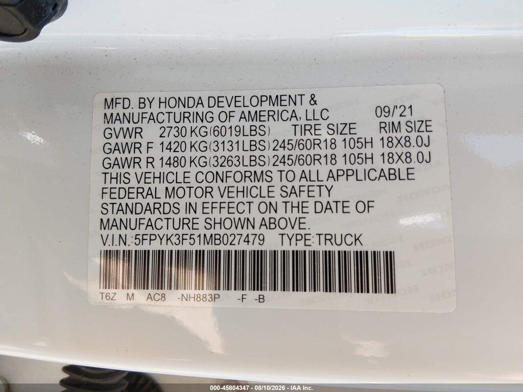 5FPYK3F51MB027479 2021 HONDA RIDGELINE photo no. 9