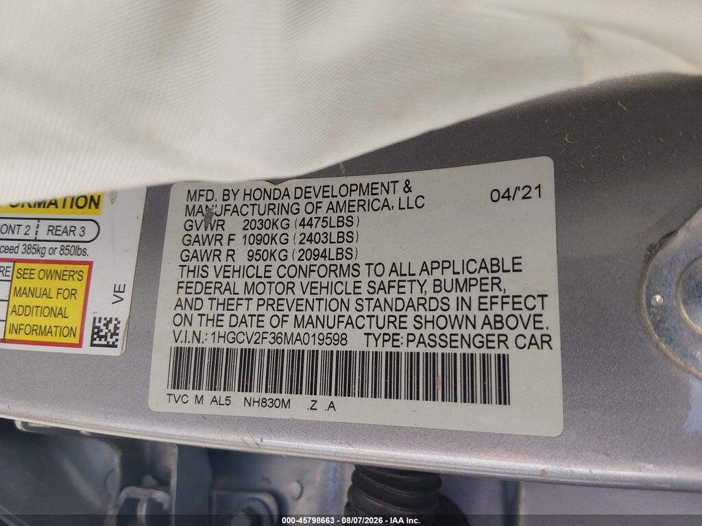 1HGCV2F36MA019598 2021 HONDA ACCORD photo no. 9