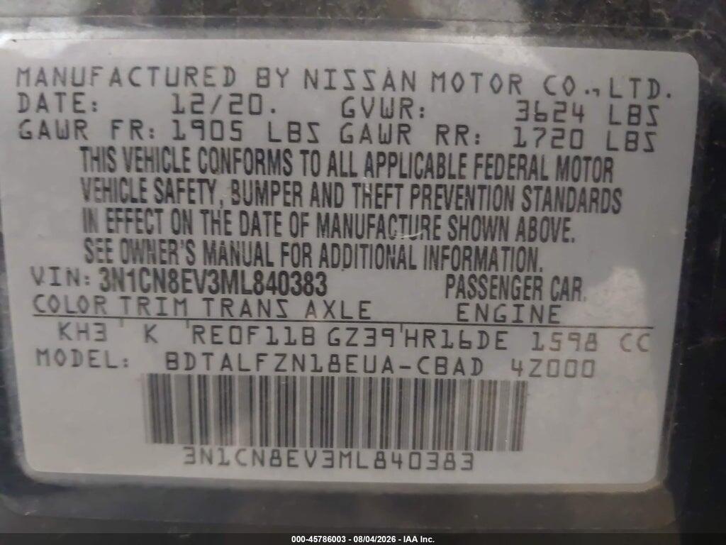 3N1CN8EV3ML840383 2021 NISSAN VERSA photo no. 9