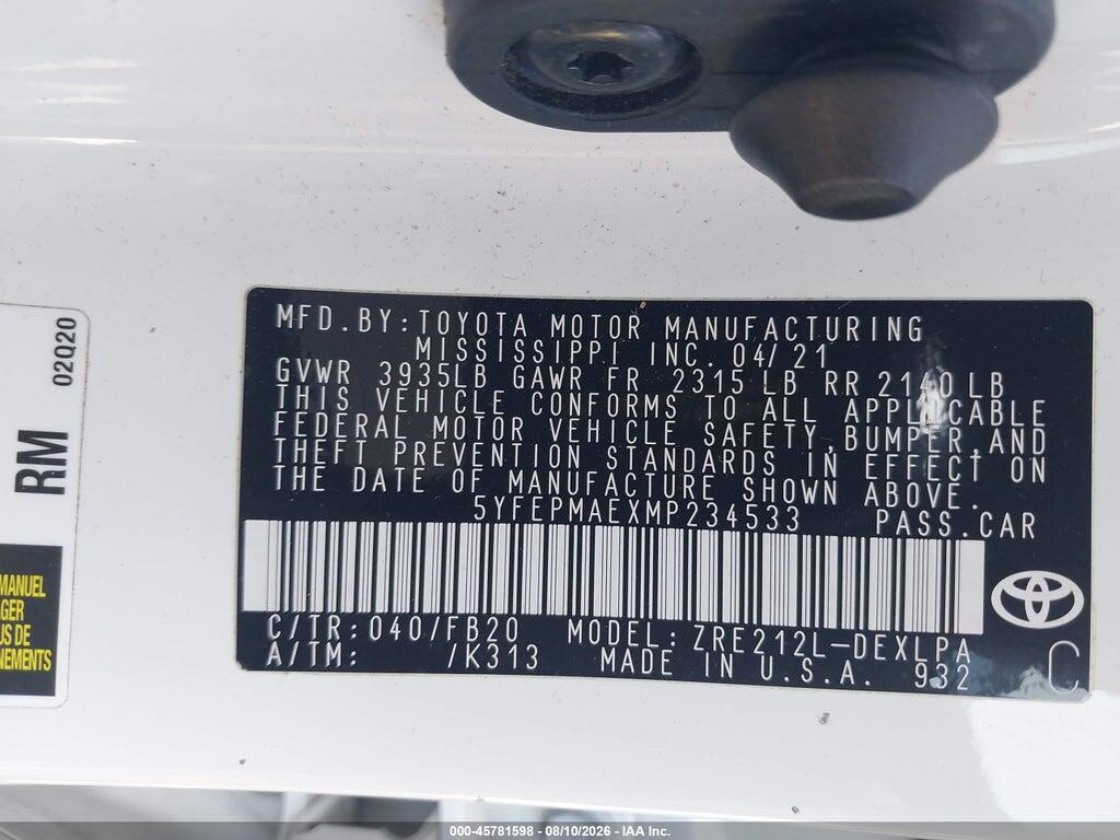 5YFEPMAEXMP234533 2021 TOYOTA COROLLA photo no. 9