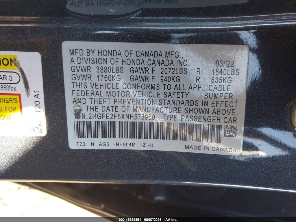 2HGFE2F5XNH573969 2022 HONDA CIVIC photo no. 9