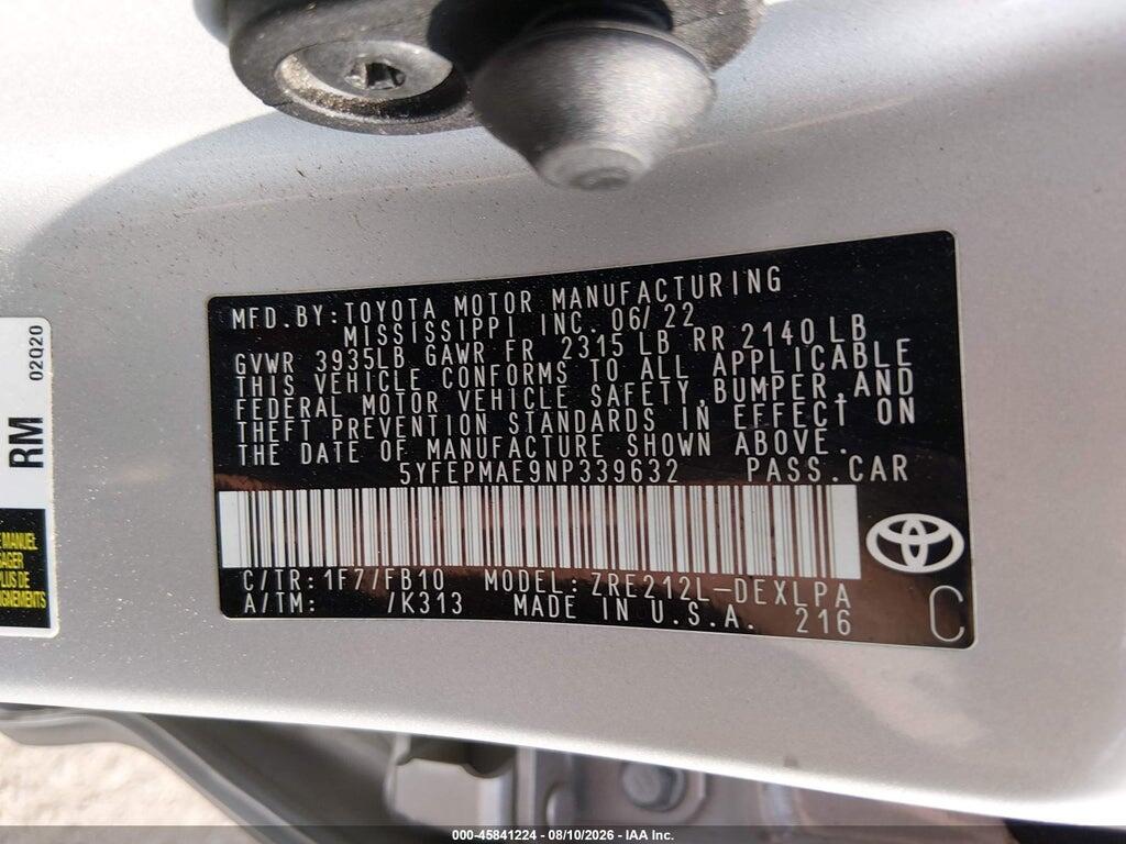 5YFEPMAE9NP339632 2022 TOYOTA COROLLA photo no. 9