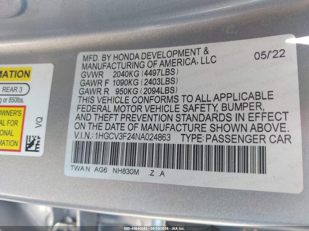1HGCV3F24NA024863 2022 HONDA ACCORD photo no. 9