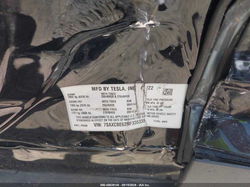 7SAXCBE62NF335335 2022 TESLA MODEL X photo no. 9