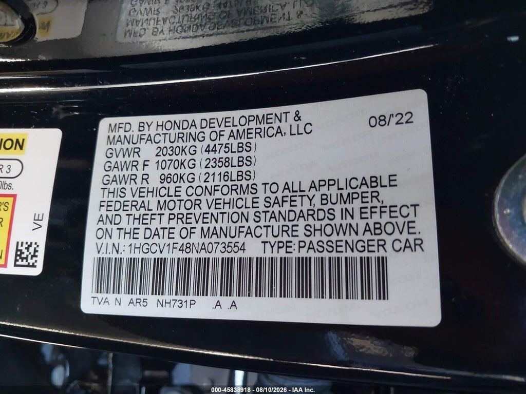 1HGCV1F48NA073554 2022 HONDA ACCORD photo no. 9