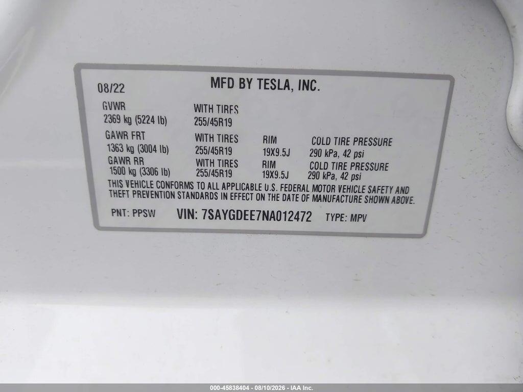 7SAYGDEE7NA012472 2022 TESLA MODEL Y photo no. 9