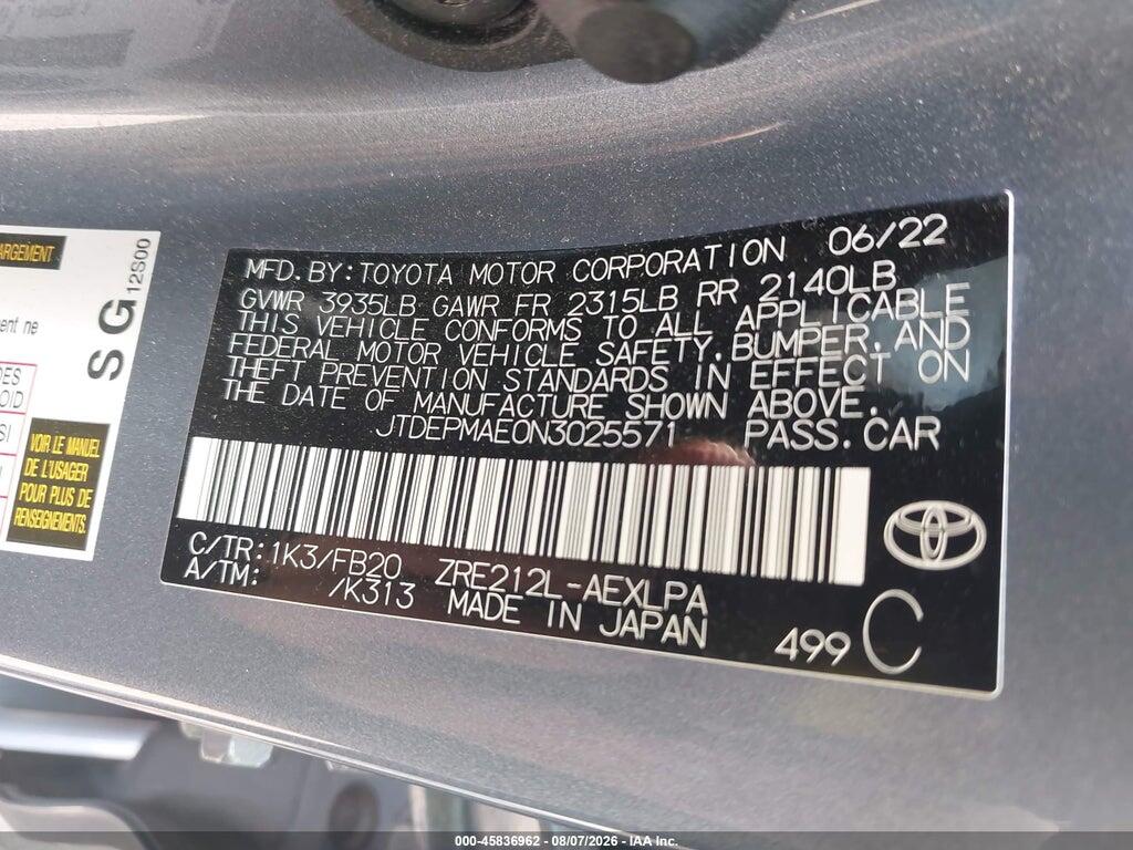 JTDEPMAE0N3025571 2022 TOYOTA COROLLA photo no. 9