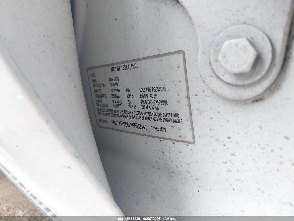 7SAYGDEE2NF332141 2022 TESLA MODEL Y photo no. 9