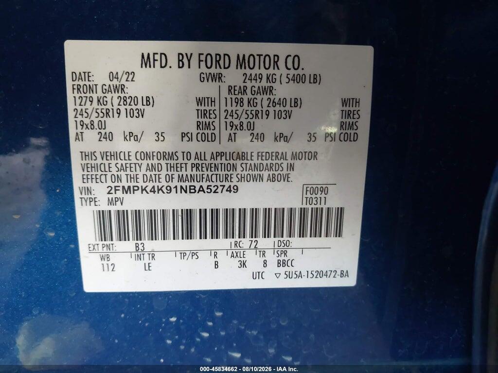 2FMPK4K91NBA52749 2022 FORD EDGE photo no. 9