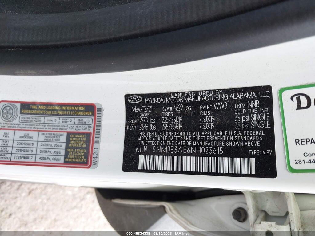 5NMJE3AE6NH023615 2022 HYUNDAI TUCSON photo no. 9