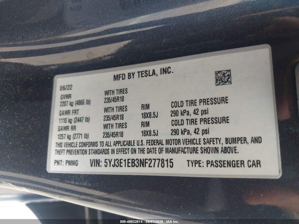 5YJ3E1EB3NF277815 2022 TESLA MODEL 3 photo no. 9