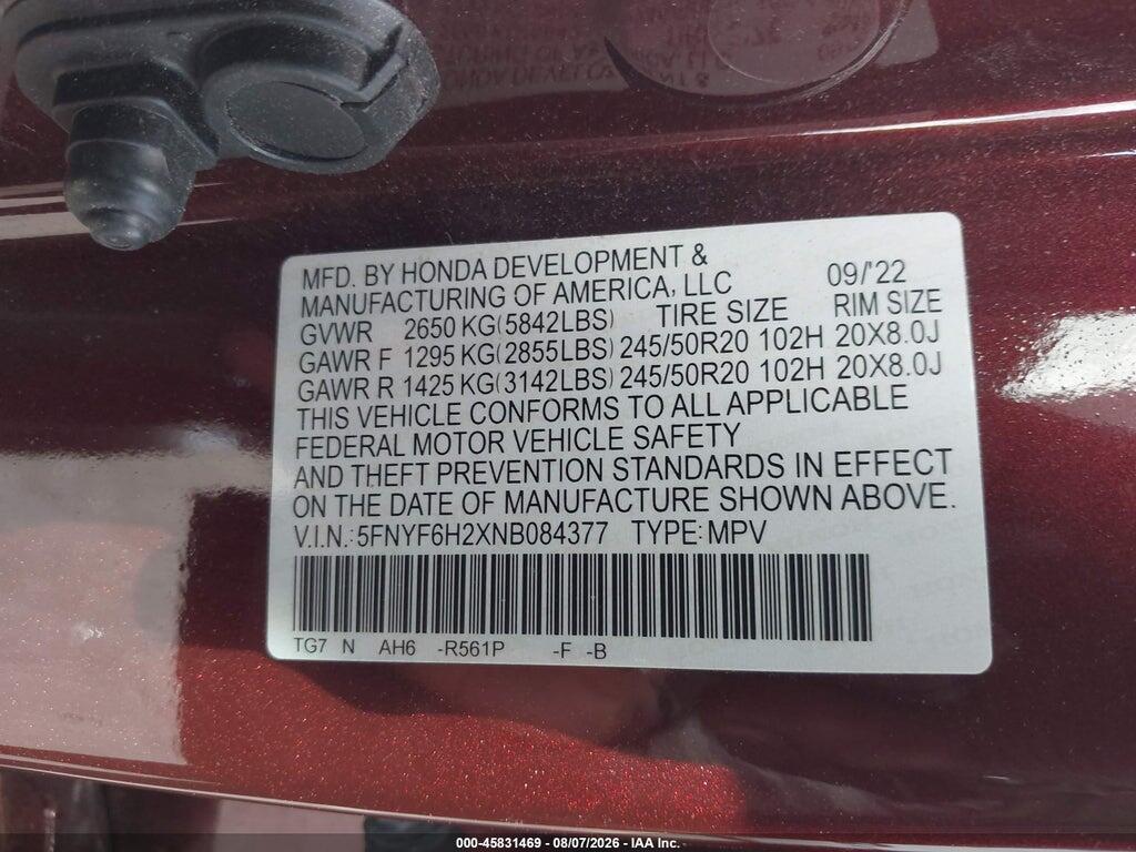 5FNYF6H2XNB084377 2022 HONDA PILOT photo no. 9