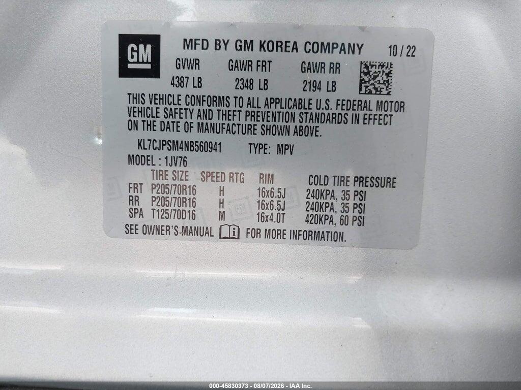 KL7CJPSM4NB560941 2022 CHEVROLET TRAX photo no. 9