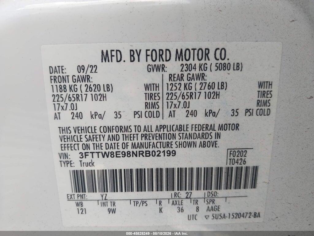 3FTTW8E98NRB02199 2022 FORD MAVERICK photo no. 9