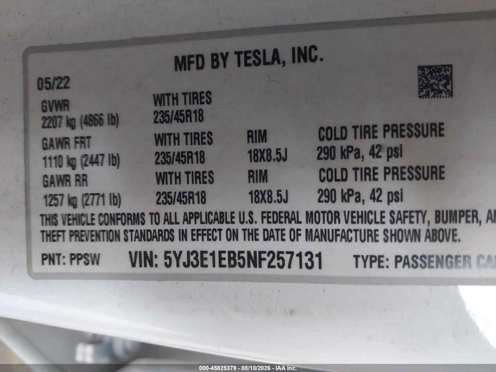 5YJ3E1EB5NF257131 2022 TESLA MODEL 3 photo no. 9