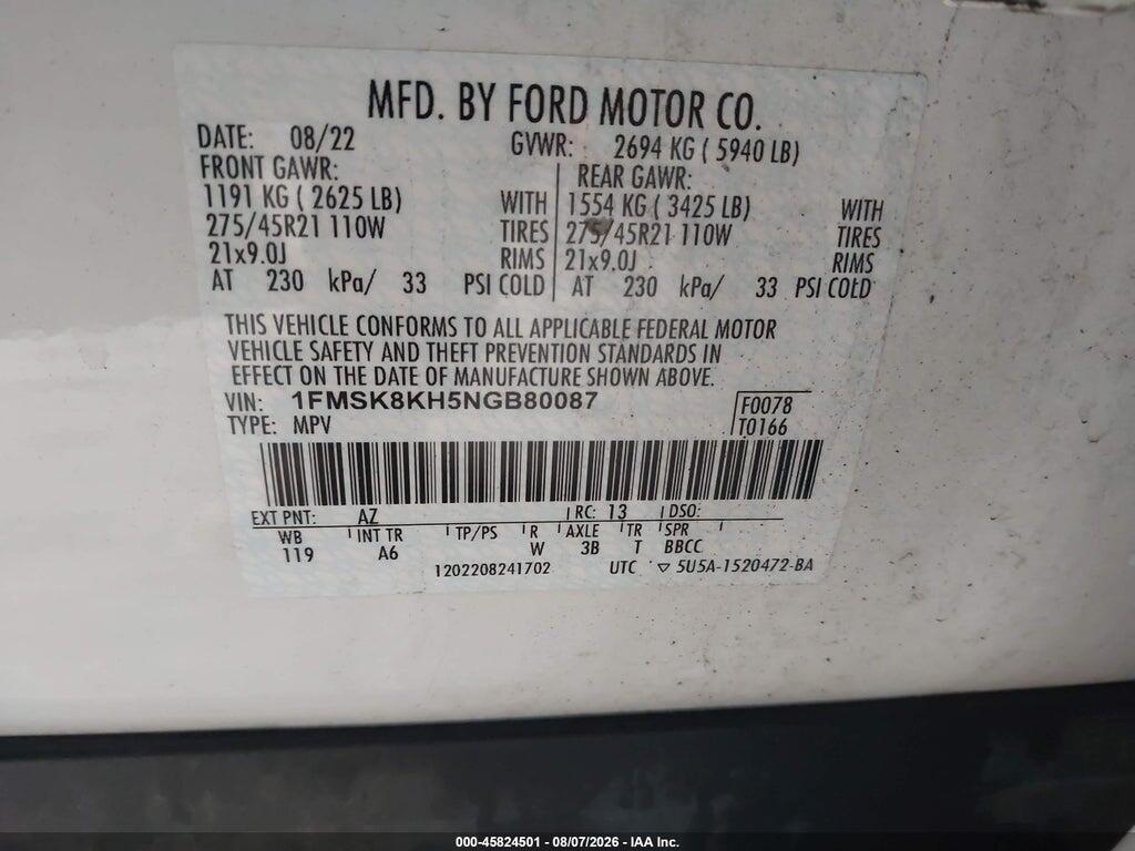 1FMSK8KH5NGB80087 2022 FORD EXPLORER photo no. 9