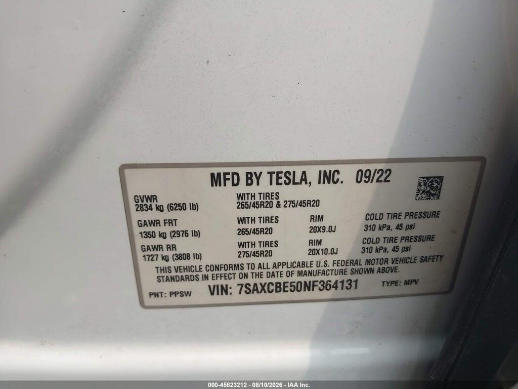 7SAXCBE50NF364131 2022 TESLA MODEL X photo no. 9