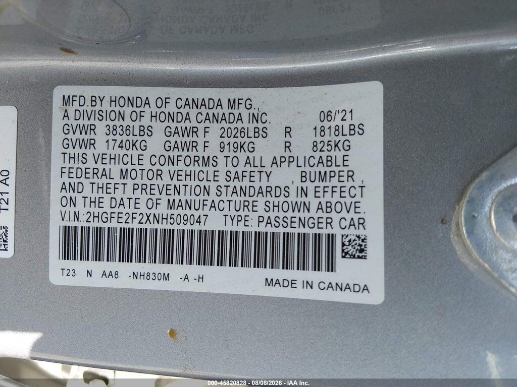 2HGFE2F2XNH509047 2022 HONDA CIVIC photo no. 9