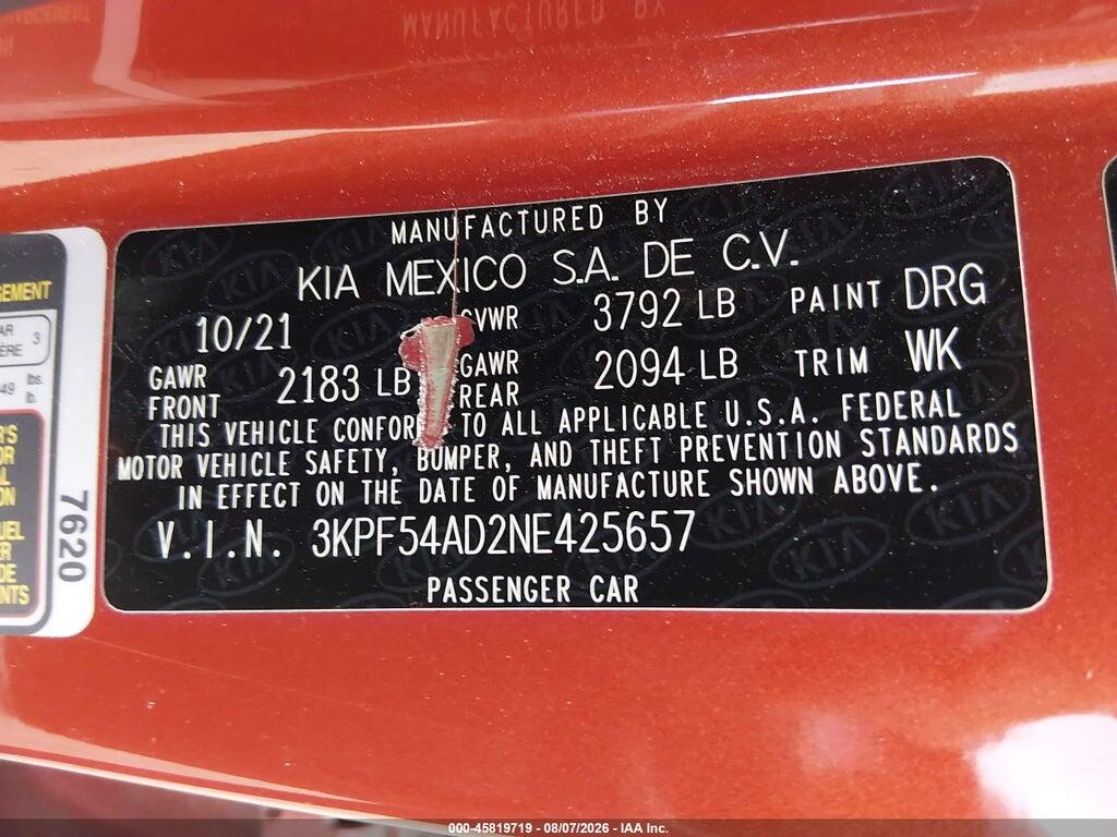3KPF54AD2NE425657 2022 KIA FORTE photo no. 9