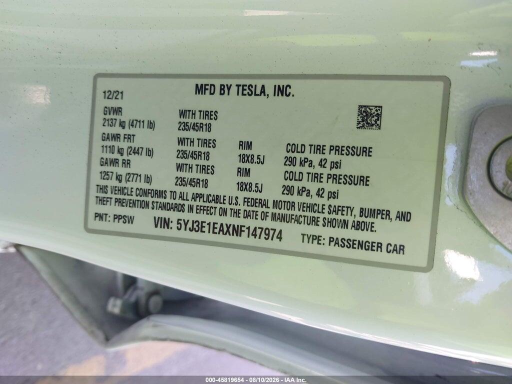 5YJ3E1EAXNF147974 2022 TESLA MODEL 3 photo no. 9