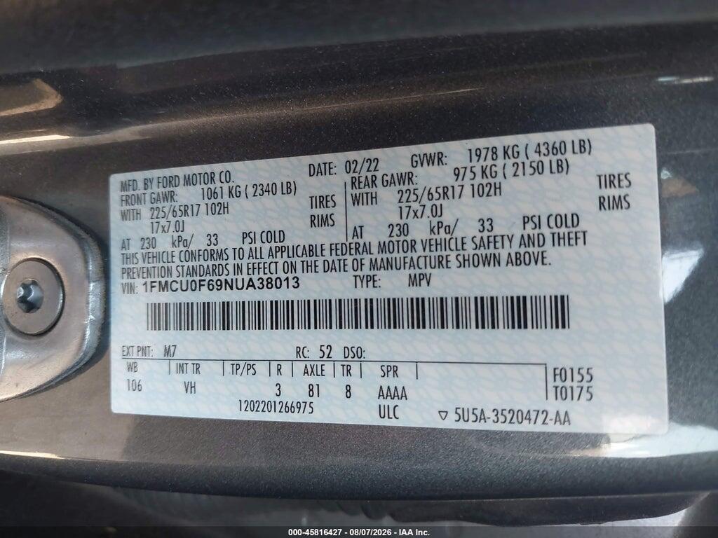 1FMCU0F69NUA38013 2022 FORD ESCAPE photo no. 9