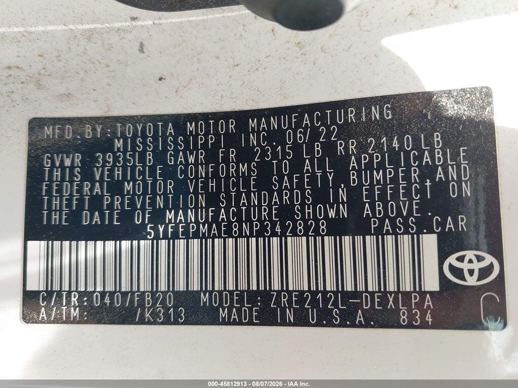 5YFEPMAE8NP342828 2022 TOYOTA COROLLA photo no. 9