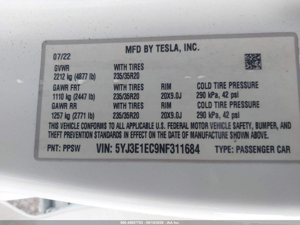 5YJ3E1EC9NF311684 2022 TESLA MODEL 3 photo no. 9