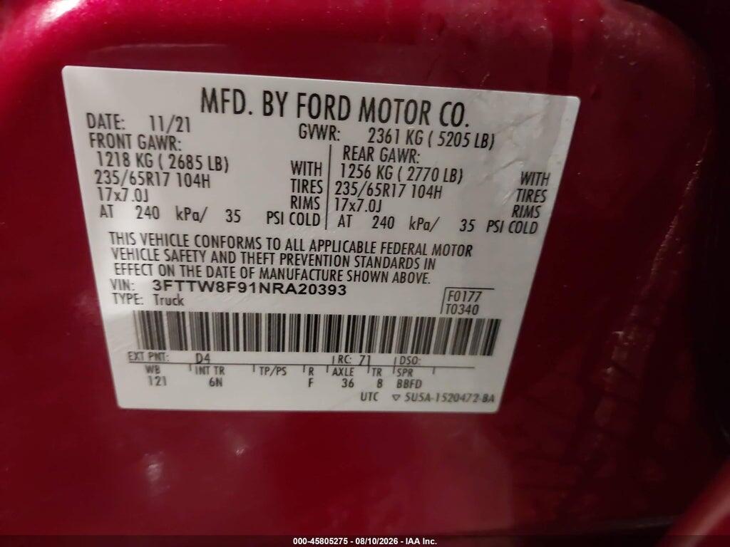 3FTTW8F91NRA20393 2022 FORD MAVERICK photo no. 9
