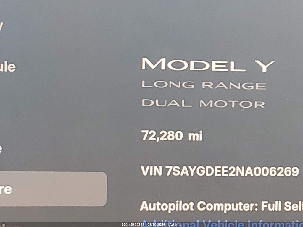 7SAYGDEE2NA006269 2022 TESLA MODEL Y photo no. 7