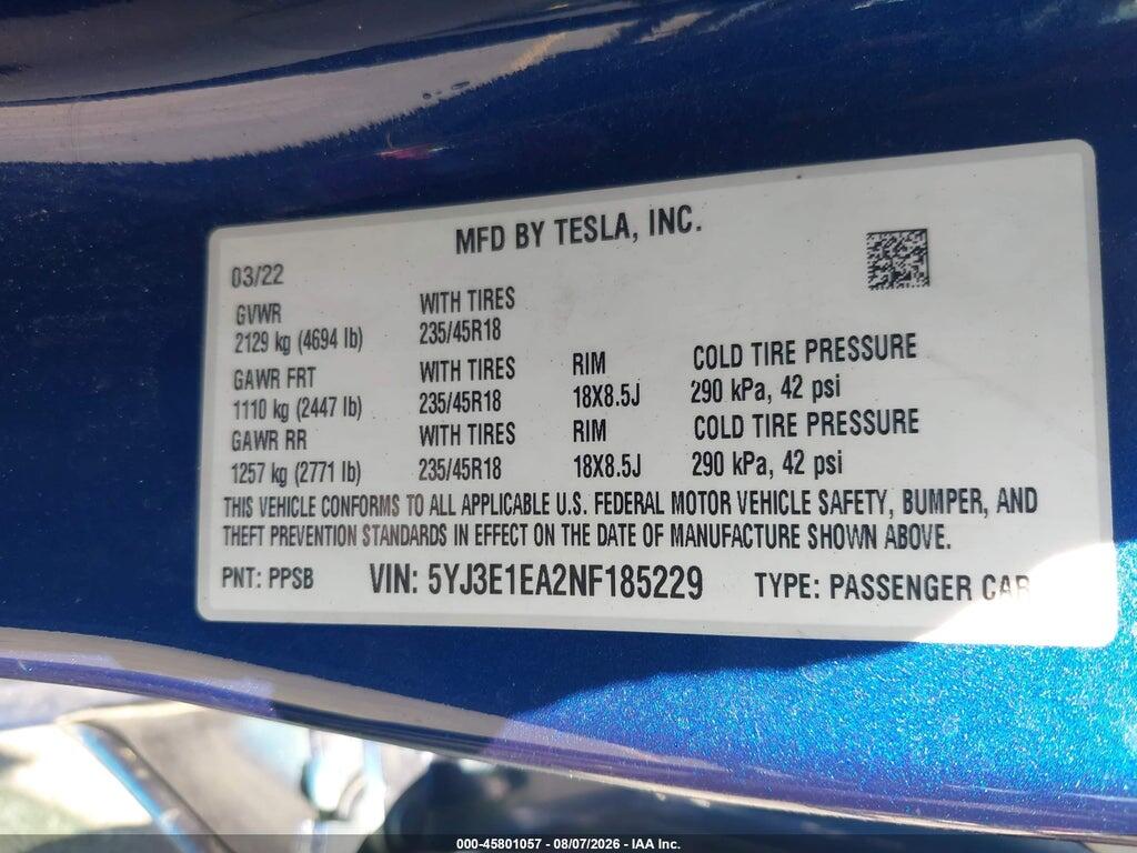 5YJ3E1EA2NF185229 2022 TESLA MODEL 3 photo no. 9