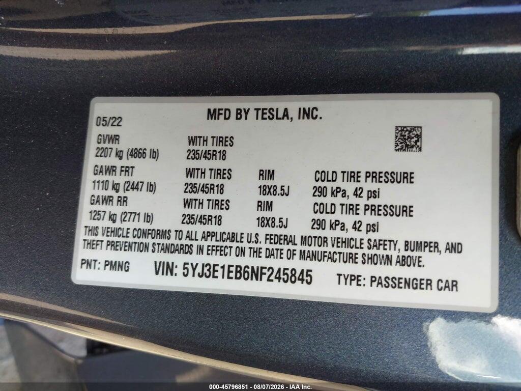 5YJ3E1EB6NF245845 2022 TESLA MODEL 3 photo no. 9