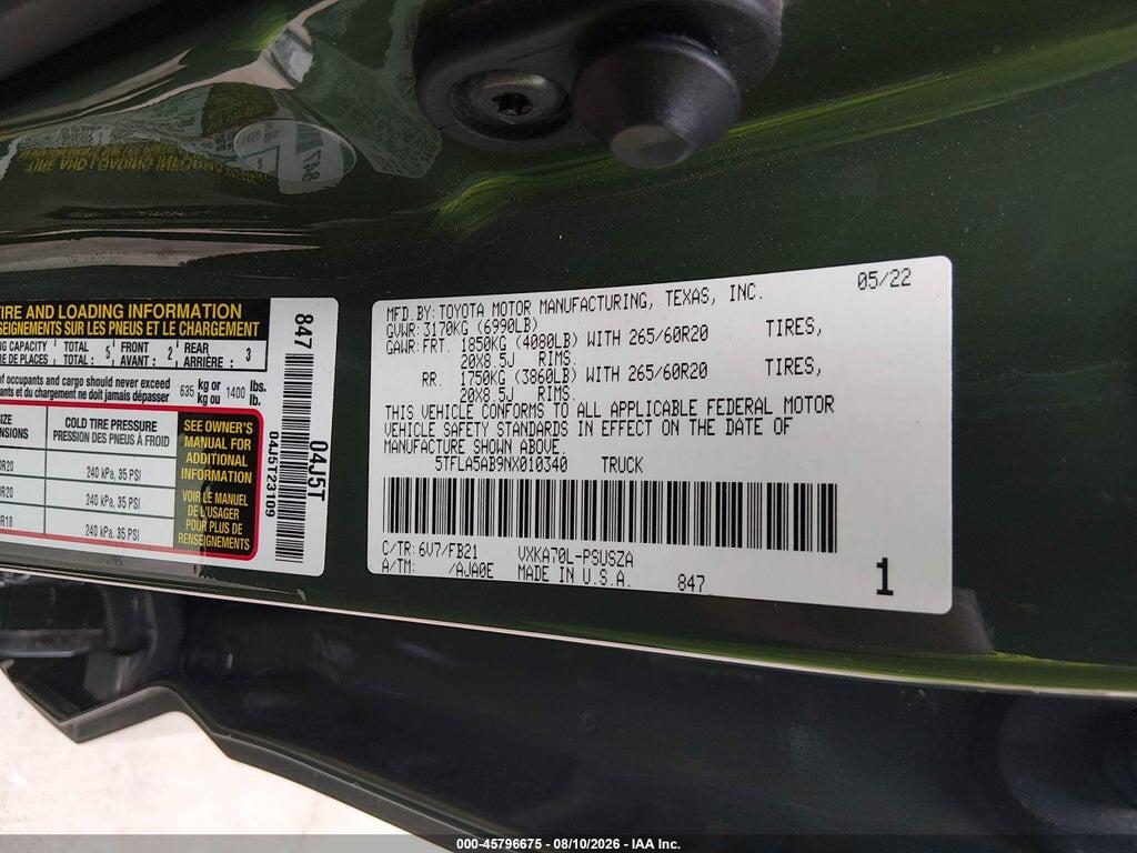 5TFLA5AB9NX010340 2022 TOYOTA TUNDRA photo no. 9