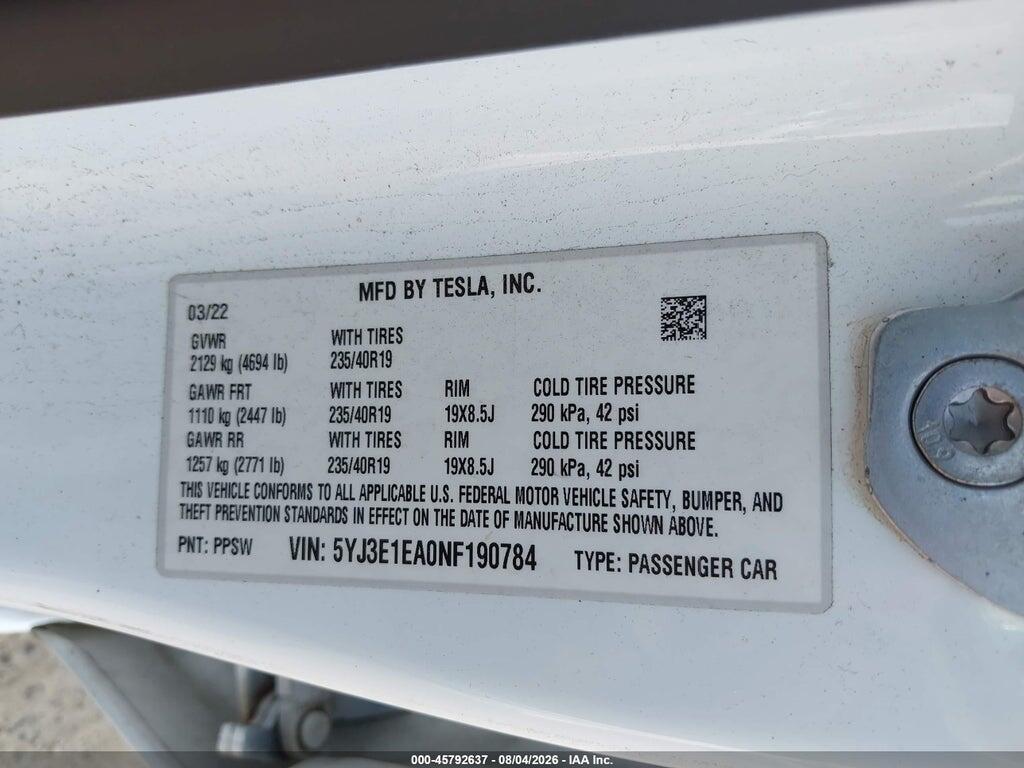 5YJ3E1EA0NF190784 2022 TESLA MODEL 3 photo no. 9