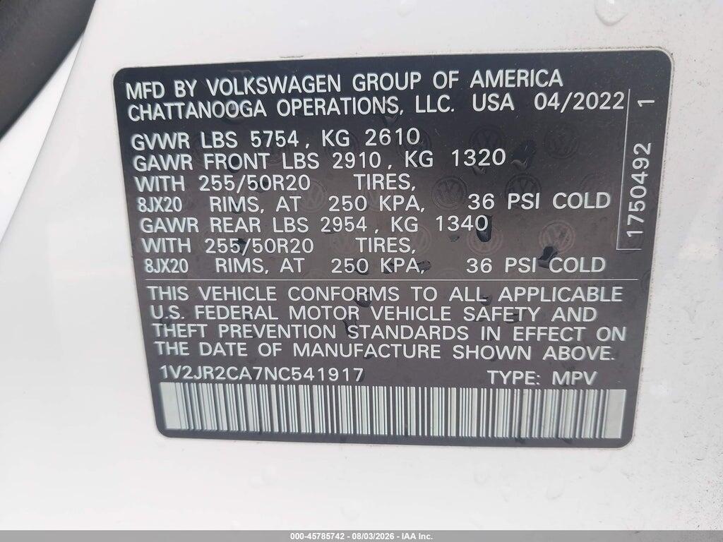 1V2JR2CA7NC541917 2022 VOLKSWAGEN ATLAS photo no. 9