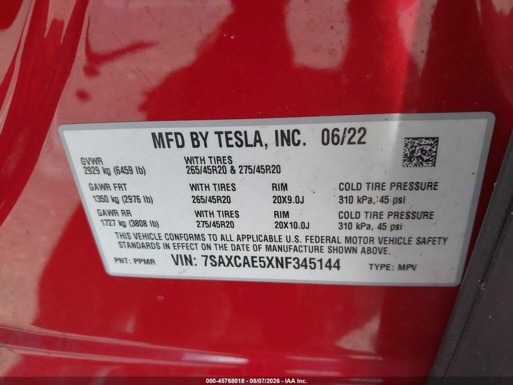 7SAXCAE5XNF345144 2022 TESLA MODEL X photo no. 9