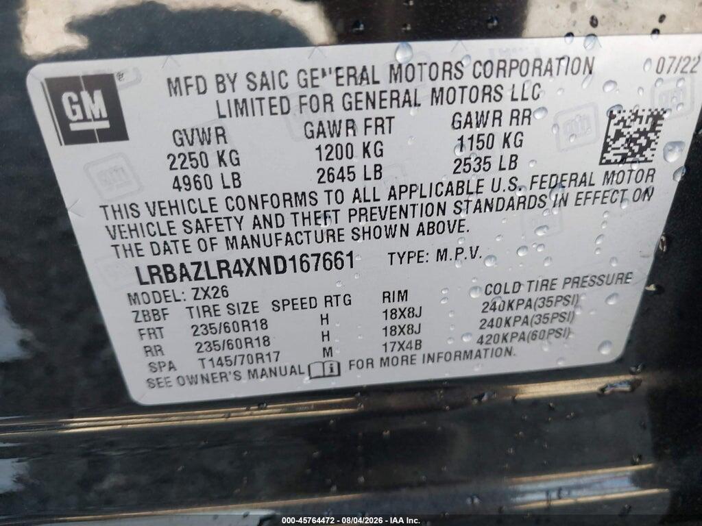 LRBAZLR4XND167661 2022 BUICK ENVISION photo no. 9