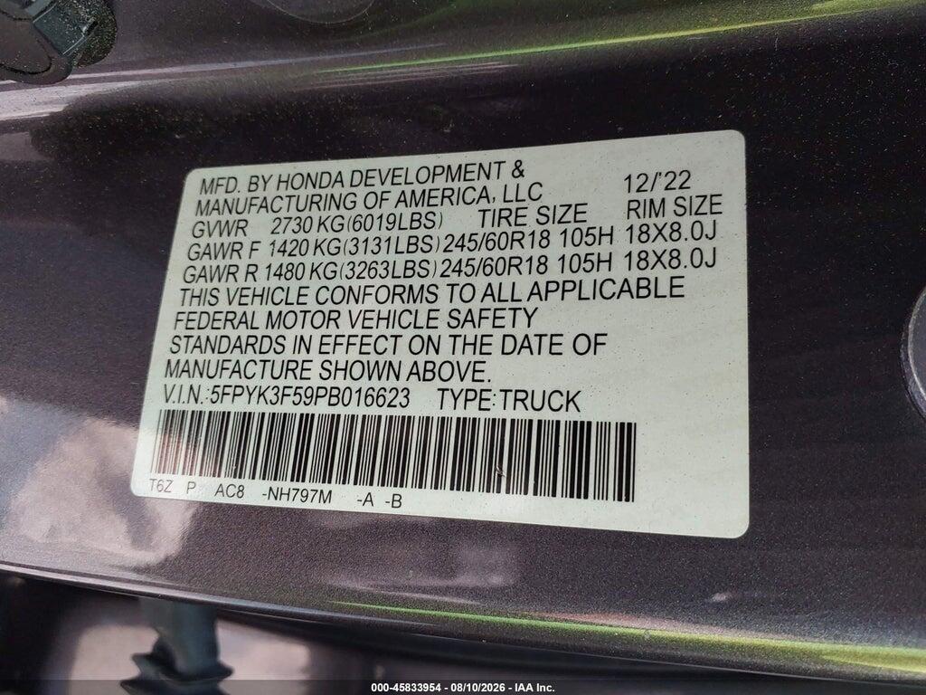 5FPYK3F59PB016623 2023 HONDA RIDGELINE photo no. 9